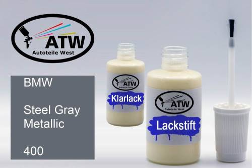 BMW, Steel Gray Metallic, 400: 20ml Lackstift + 20ml Klarlack - Set, von ATW Autoteile West.